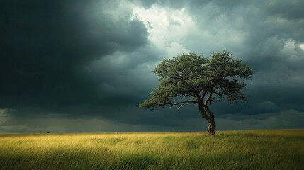 Fototapeta premium A lone tree stands in a vast field under a stormy sky