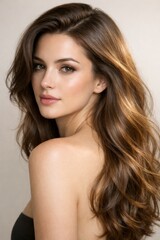 Fototapeta premium Close-up portrait of a woman with glossy, flowing brunette waves and flawless natural makeup, offering a fresh, luxurious look perfect for haircare, cosmetics, or spa campaigns.