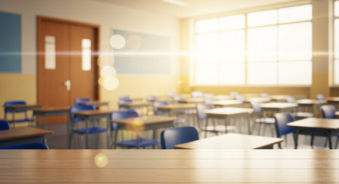 Bright sunlit empty school classroom with wooden desks and chairs, featuring a shallow depth of field and a blurred background for educational context