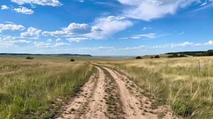 Fototapeta premium A dirt road stretches through a vast, open field under a blue sky