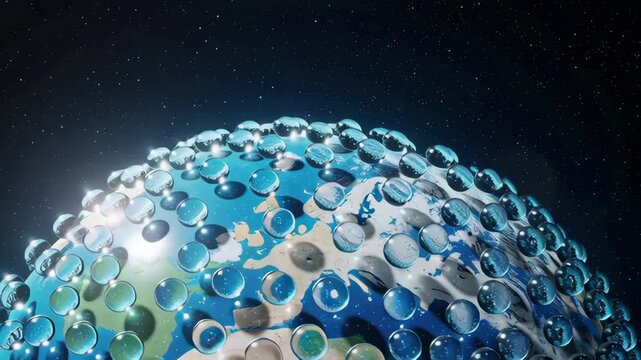 Planet Earth covered in clear water droplets in outer space, conceptual 3D illustration representing global resources