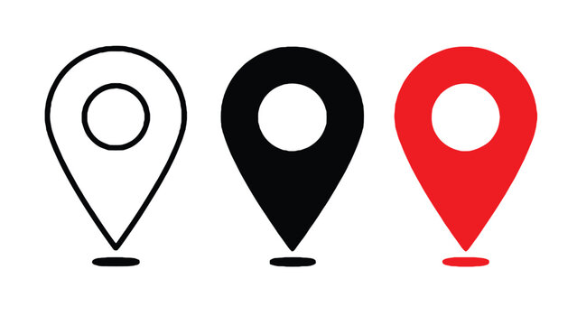 Three colorful map pin icons on a clean white background for navigation