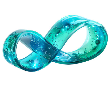 Rendering of a Mobius strip in glassy teal and blue, bubbles visible