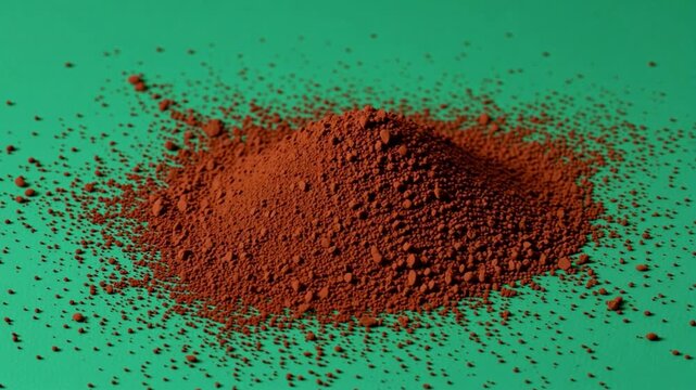 A vibrant, reddish-brown powder cascades downwards with visible motion, beginning to form a distinct mound on a bright, contrasting green surface, while numerous fine particles scatter dynamically aro