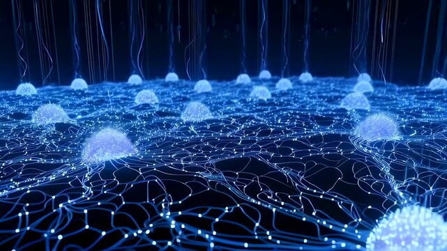 expansive neural node field on glowing mesh surface with pulsing domes and rising signal streams, network architect simulating topology and relay routing in virtual data arena