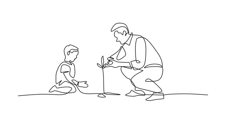 Continuous Line Drawing of a Father and Child Planting a Tree