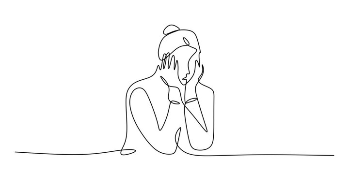 One Line Drawing of a Depressed Woman Covering Her Face in Sadness