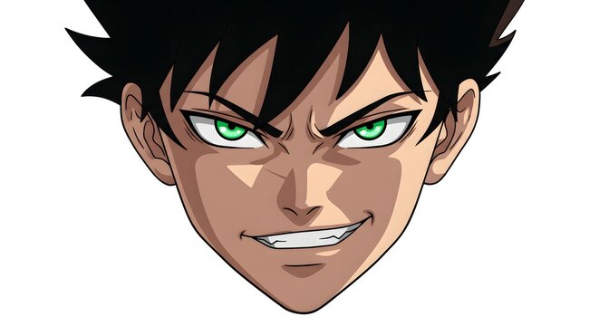 Headshot of a young person with dark hair, green eyes, and a determined smirk