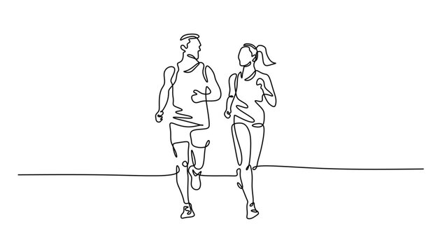 One Line Drawing of an Athletic Couple Jogging Together