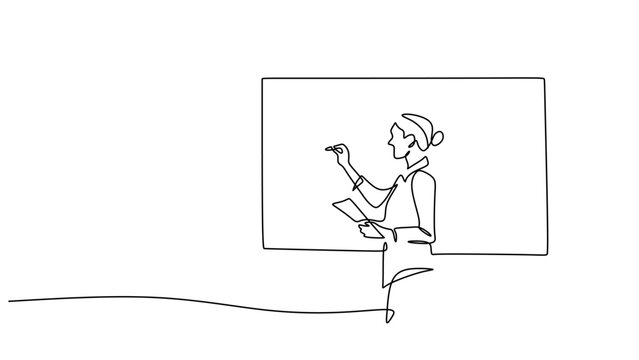 Single Line Drawing of a Teacher Writing on a Classroom Blackboard