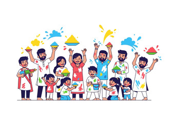 Fototapeta premium Happy diverse family and friends celebrating Holi festival with colors.