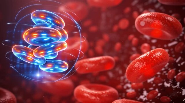 Futuristic blood cell red cell medical health science biology plasma anatomy laboratory immune system concept with glowing plasma ring hologram ai medical scan diagnostic hud healthcare technology