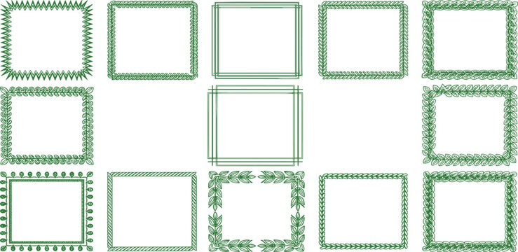 Collection of assorted green decorative frames on a clean white background