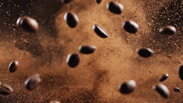 Dynamic slow-motion capture of aromatic roasted coffee beans flying amidst an explosive dark powder cloud against a black studio backdrop cinematic 4K resolution visual impact.