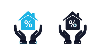 Two hands holding houses with percentage signs on a white background