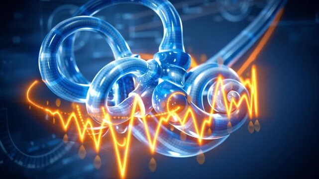 Futuristic ai medical scan hud diagnostic technology, 3d abstract helix blue metal wave, orange energy line glowing rhythm, digital anatomy hearing interface, blue cochlea model audio frequency