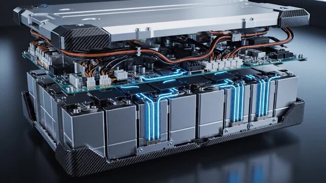 High-tech battery pack with glowing blue energy conduits and carbon fiber details