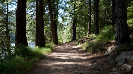 Fototapeta premium A serene winding dirt path meanders through a lush green forest filled with tall pine trees bathed in d d sunlight with a hint of water visible on