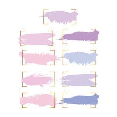 Elegant Set of Pastel Grunge Brush Strokes with Golden Frames on a White Background, Perfect for Luxurious Branding and Decorative Textures