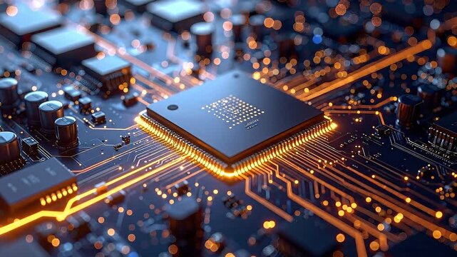 Close-up of glowing microchip on circuit board with vibrant orange lights
