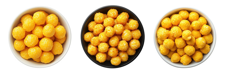 Three bowls of cheese puffs isolated on a transparent background 1