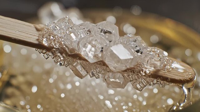 Close-up of sugar crystals forming on a wooden stick in a macro shot.