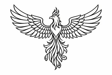 Obraz premium Graceful phoenix bird rises with wide wings and flowing tail in clean black line art, ideal for tattoos, logos, spiritual themes, and decorative designs.