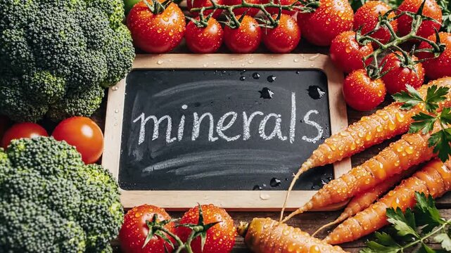 Top view of a small chalkboard with the handwritten word mineral on a rustic kitchen table surrounded by fresh organic food ingredients and natural supplements for a healthy lifestyle.
