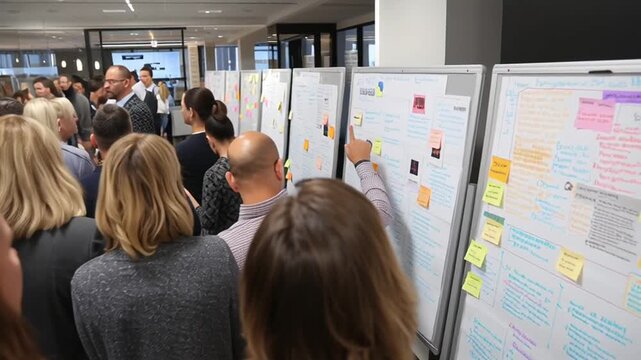 Group of People Viewing Posters in Office.