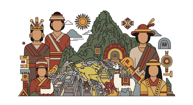 Vibrant illustration of Inca people in traditional attire with Machu Picchu in background