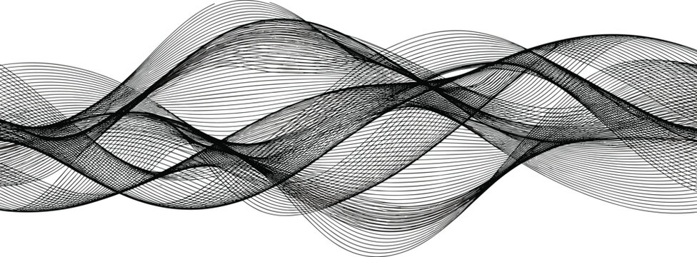 Overlapping black sine wave pattern with varied amplitude and frequency, illustrating interference, oscillation, and harmonic motion