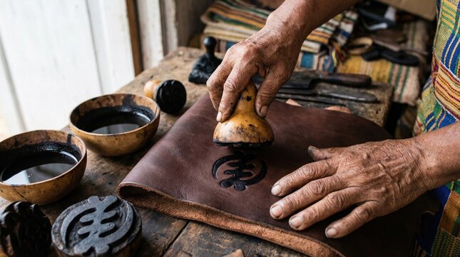 Handcrafting Leather with Traditional Adinkra Symbols Using Natural Dye and Calabash Stamp