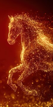 Golden Glitter Horse Silhouette Running on Red Background, Sparkling Particle Animal Art Illustration