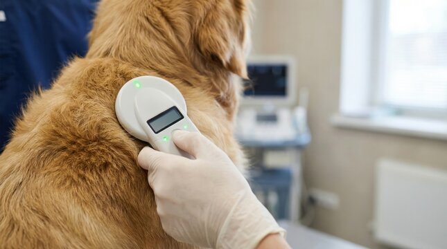 Hand Holding Scanner Over Dog's Shoulder for Microchip Identification in Veterinary Clinic Setting