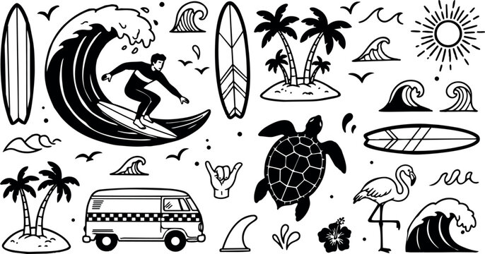 Black and white surfer riding ocean wave with surfboards palm trees sea turtle and flamingo tropical beach elements