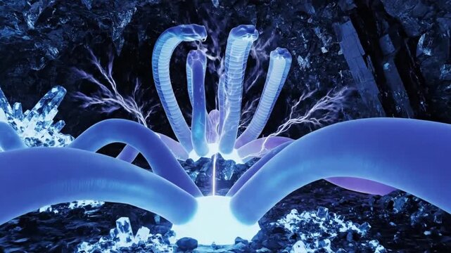 Glowing blue alien creature in mysterious cave with crystals