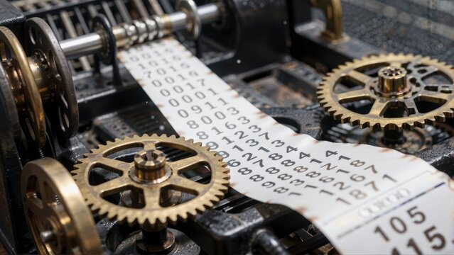 Close up view of an antique adding machine with printed numbers and intricate gears