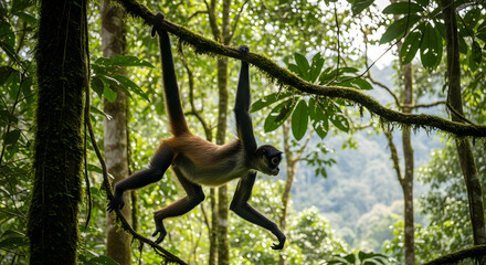 Fototapeta premium Wild spider monkey using its prehensile tail to hang from a mossy tree branch in a lush tropical jungle
