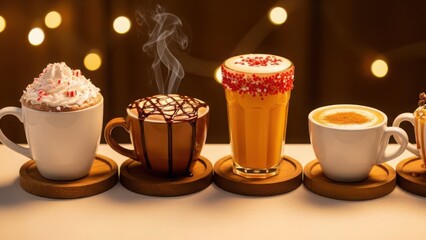 Variety of hot drinks on wooden coasters in a warm setting with lights
