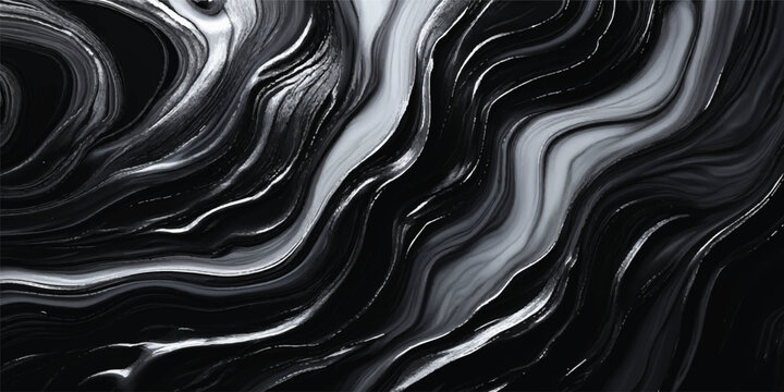 Abstract black and white background with a liquid metallic texture featuring a wavy silver flow and 3d artistic curves for a modern wallpaper design