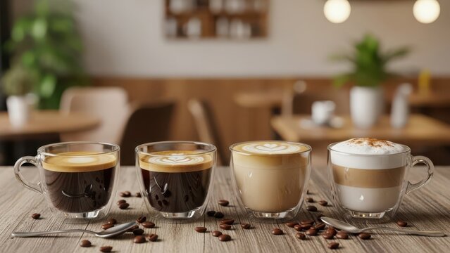 Four different types of coffee in clear glass cups on wooden table