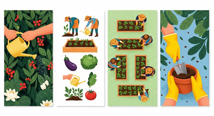 Fototapeta premium Gardening illustrations depicting various stages of planting and tending to a garden with vegetables and plants