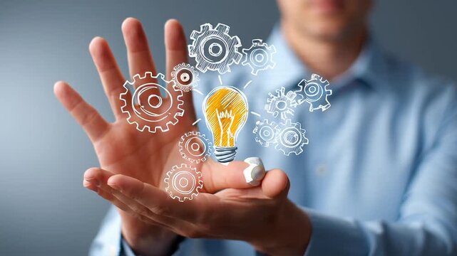 Man Holding Lightbulb and Gears Illustration.