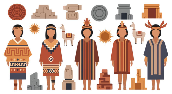 Traditional inca people and cultural symbols illustration