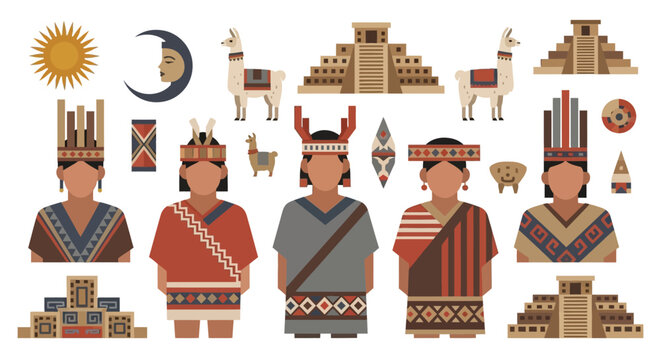 Colorful illustration of Inca people and their symbols
