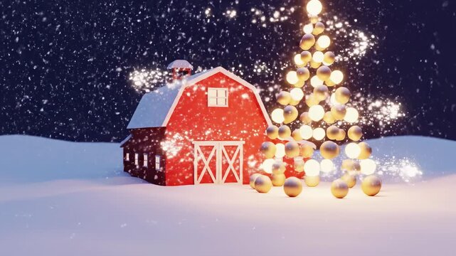 Seamlessly looping stylized 3D animation of a minimalist barn model surrounded by glowing snow particles and an abstract holiday Christmas tree backdrop, background, corporate