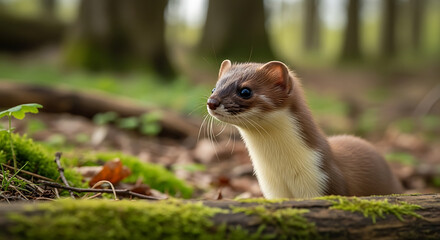 Stoat in natural habitat with mossy forest floor.