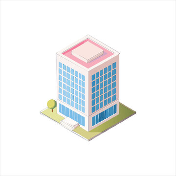 Isometric illustration of a modern office building with a tree and grass, viewed from above, showcasing architecture and design