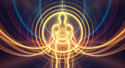 Human figure surrounded by vibrant energy aura and circular motion.