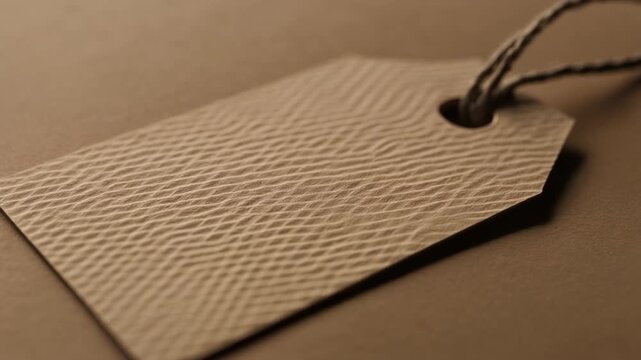 Brown leather label tag with string on textured surface.